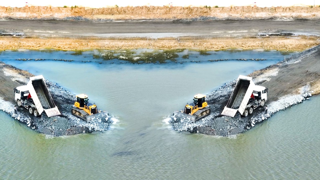Truck 10 Wheel Unloading Stone Filling Land , Bulldozer DH17C3 Pushing Buildings, Road Rocks