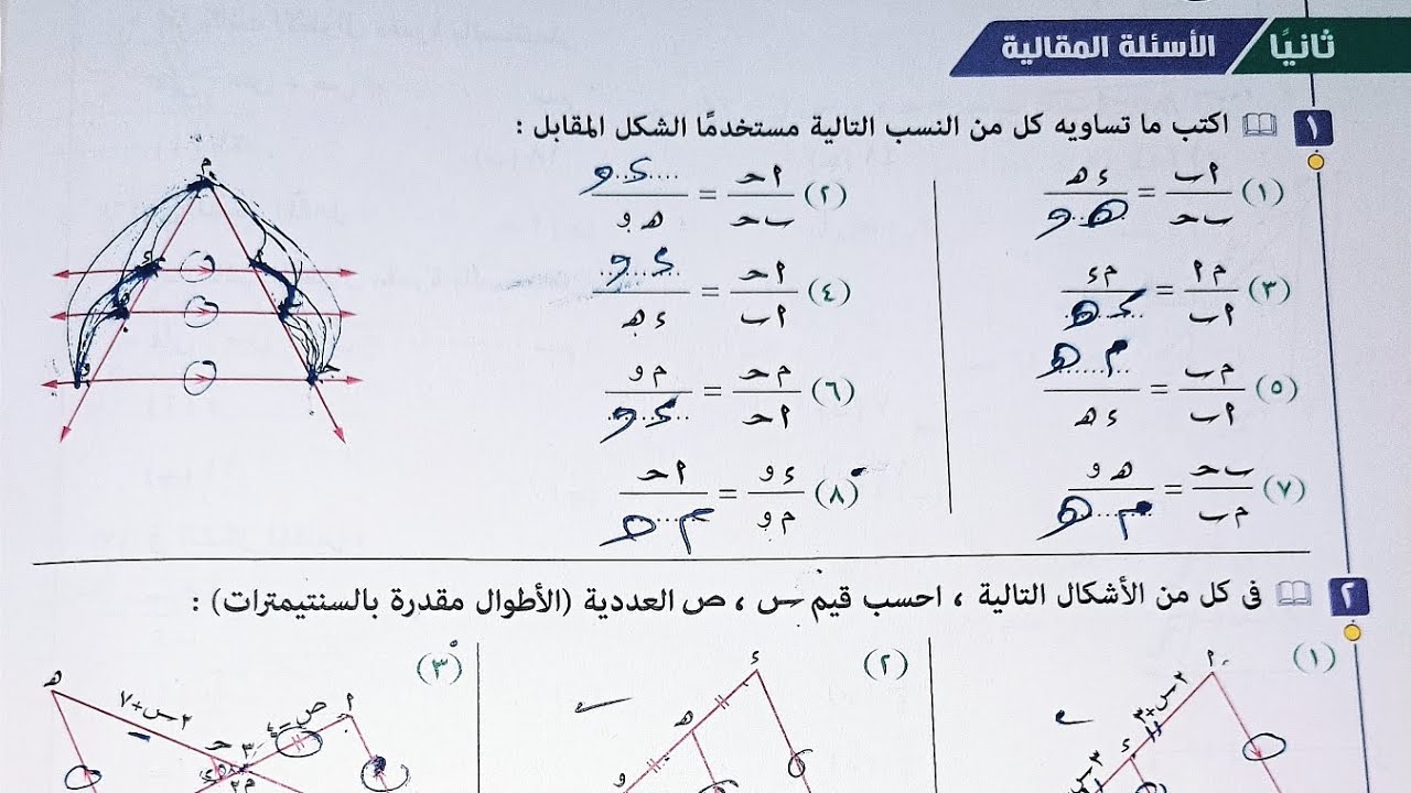 حل الاسئله المقالية كتاب المعاصر - نظرية تاليس - الصف الاول الثانوي الترم الاول 2023
