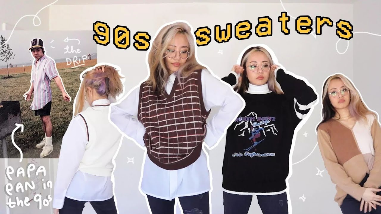 trying on my dad's sweaters from the 90s