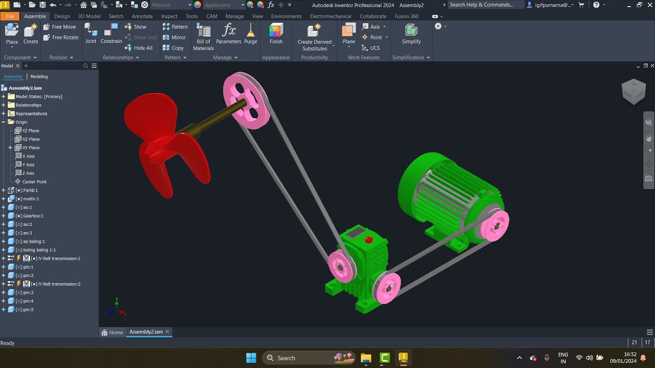 Autodesk Inventor 2024 | assembly Transmisi Machine | Pulley | V Belt dan animasi | 4k 60 fps
