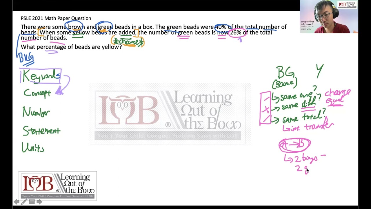PSLE Math 2021 &ldquo;Brown, Green and Yellow Beads&rdquo; Same One Concept Using Percentage & Two 100%