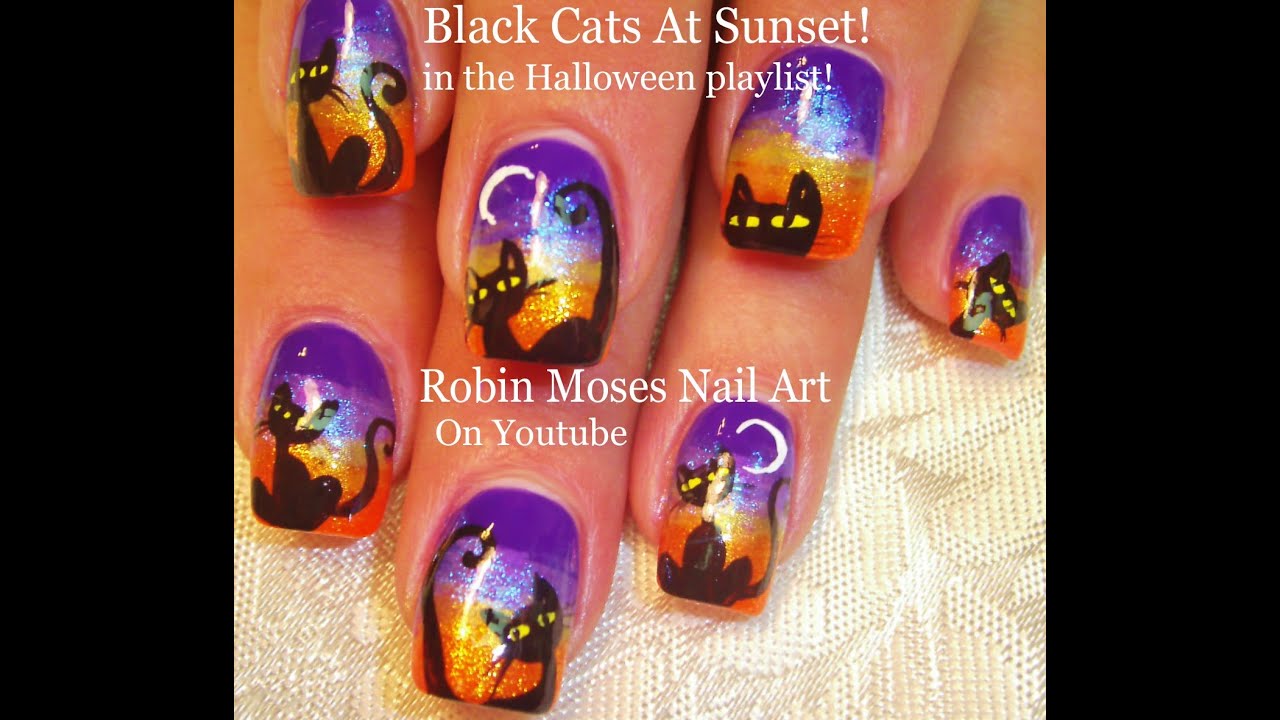 Spooky DIY Halloween Black Cat at sunset Nail art Design Tutorial