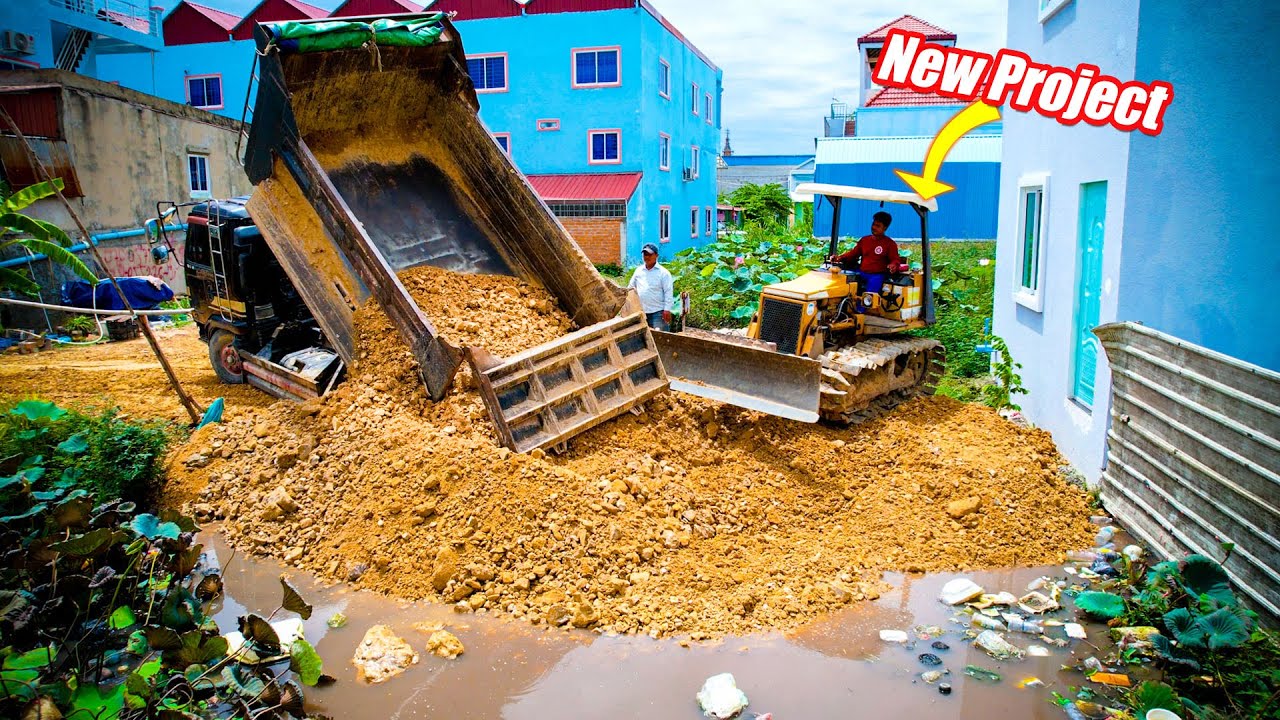 New Updating Project! Landfill in Flooded Pond by Bulldozer & 5Ton Truck Pushing Stone Into water