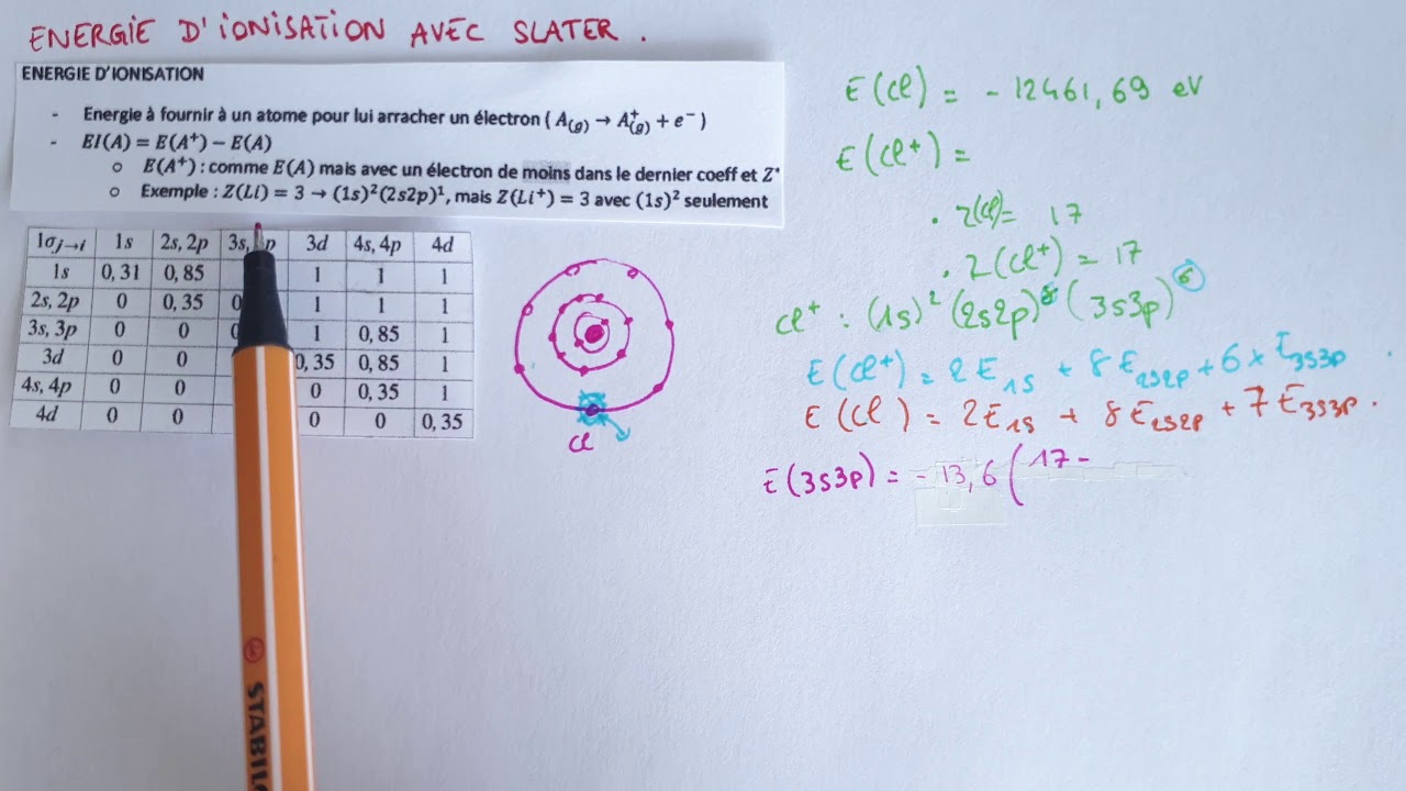 Trouver l’énergie d’ionisation EI avec le Modèle de Slater - Exemple & méthode - Chimie Bac+1