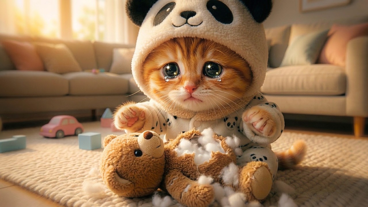 Ginger Kitten’s Teddy Is Broken , Mama Cat Fixes It 🧸❤️