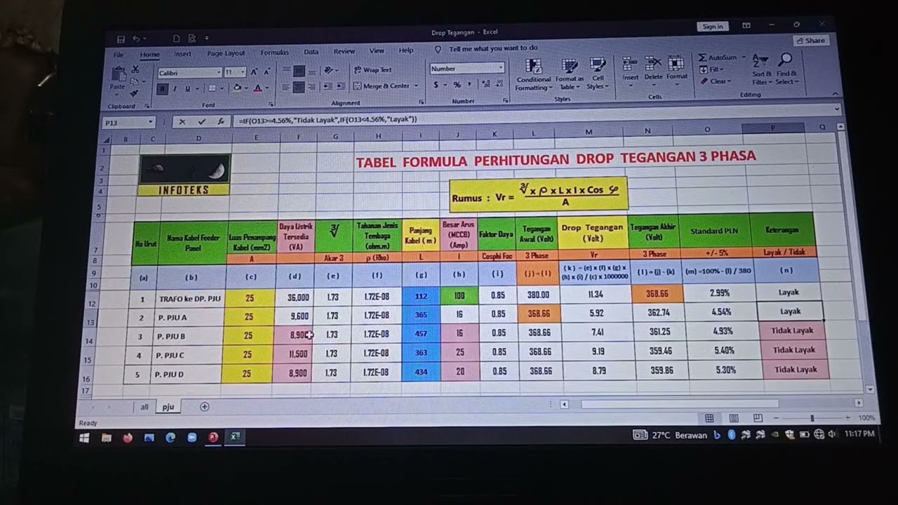 Cara menghitung drop tegangan (Voltage drop) terhadap panjangnya kabel yang akan dipasang