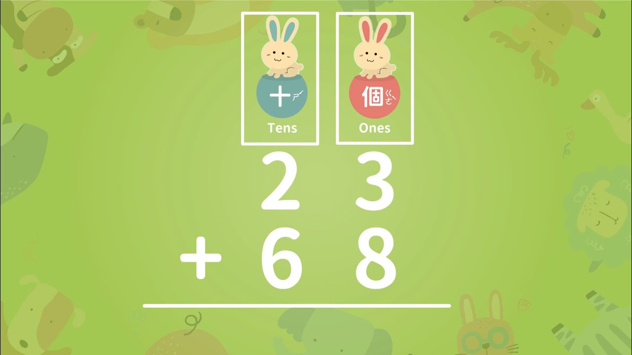 二位數加法，直式計算，比橫式算法更快，更容易理解，屬於小二數學範圍。Adding 2-digit numbers in columns.