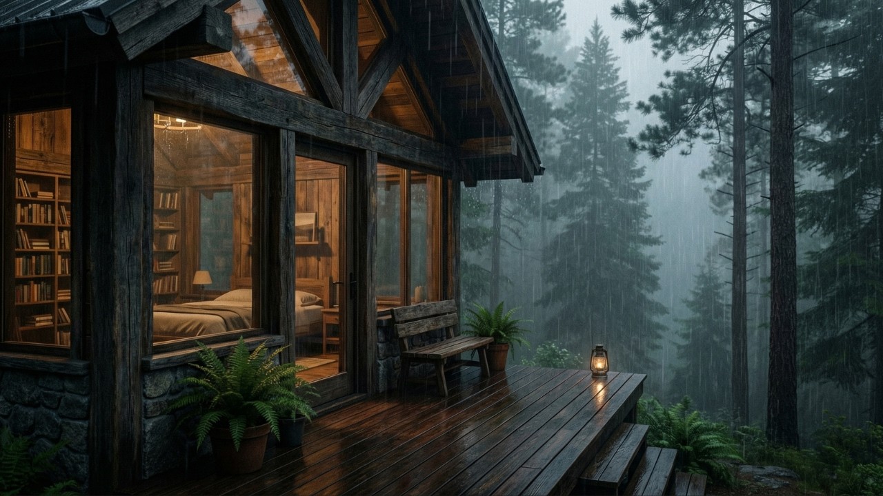 Rainstorm and Thunder in Cozy Wooden Cabin Rain Sounds for Sleep and Relaxation