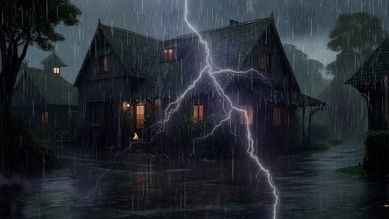 Stormy Rain Sounds in a Remote Dark Forest Cabin with Fireplace Ambience