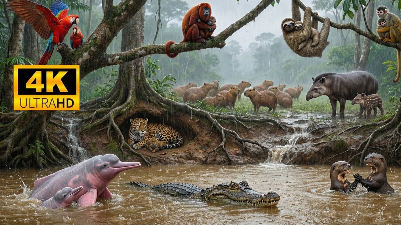 Amazon Rainforest Rainstorm Mother Animals Protecting Their Babies in 4K