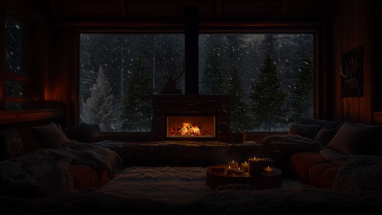 🔥 Cozy Winter Cabin Ambience ❄️ Quiet Snowfall and Soft Fireplace Sounds for Deep Relaxation
