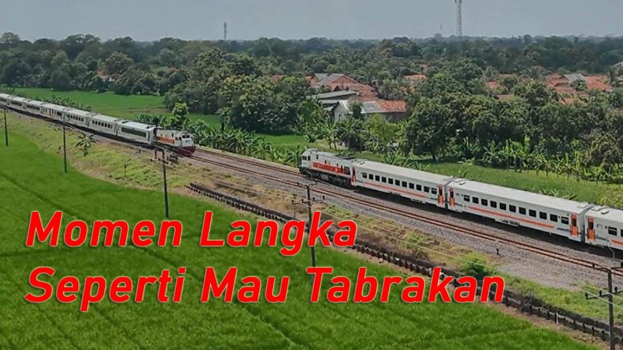 Kereta Api Panjang Lokomotif CC206 CC201 Melaju Cepat Melewati Perlintasan dan Jembatan