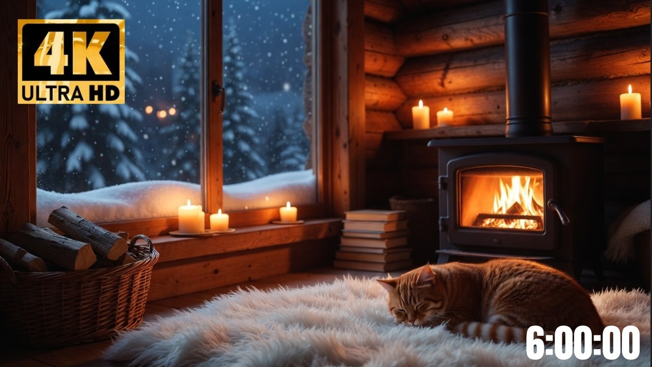 Peaceful winter cabin with falling snow, warm fire, and a sleepy cat. Perfect relaxing ambience.❄️🔥🐱