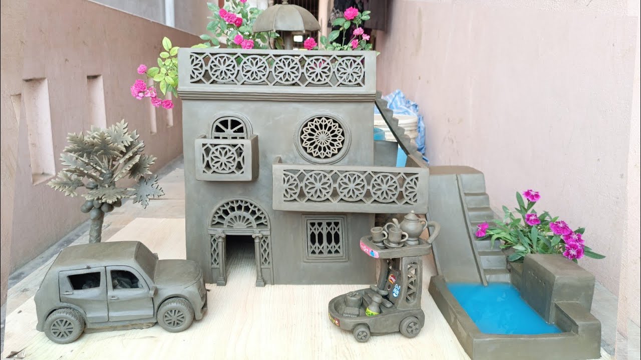 Building A Luxury House with Suv Car A Private Pool  Tea set with tree kitchen Cart Clay House