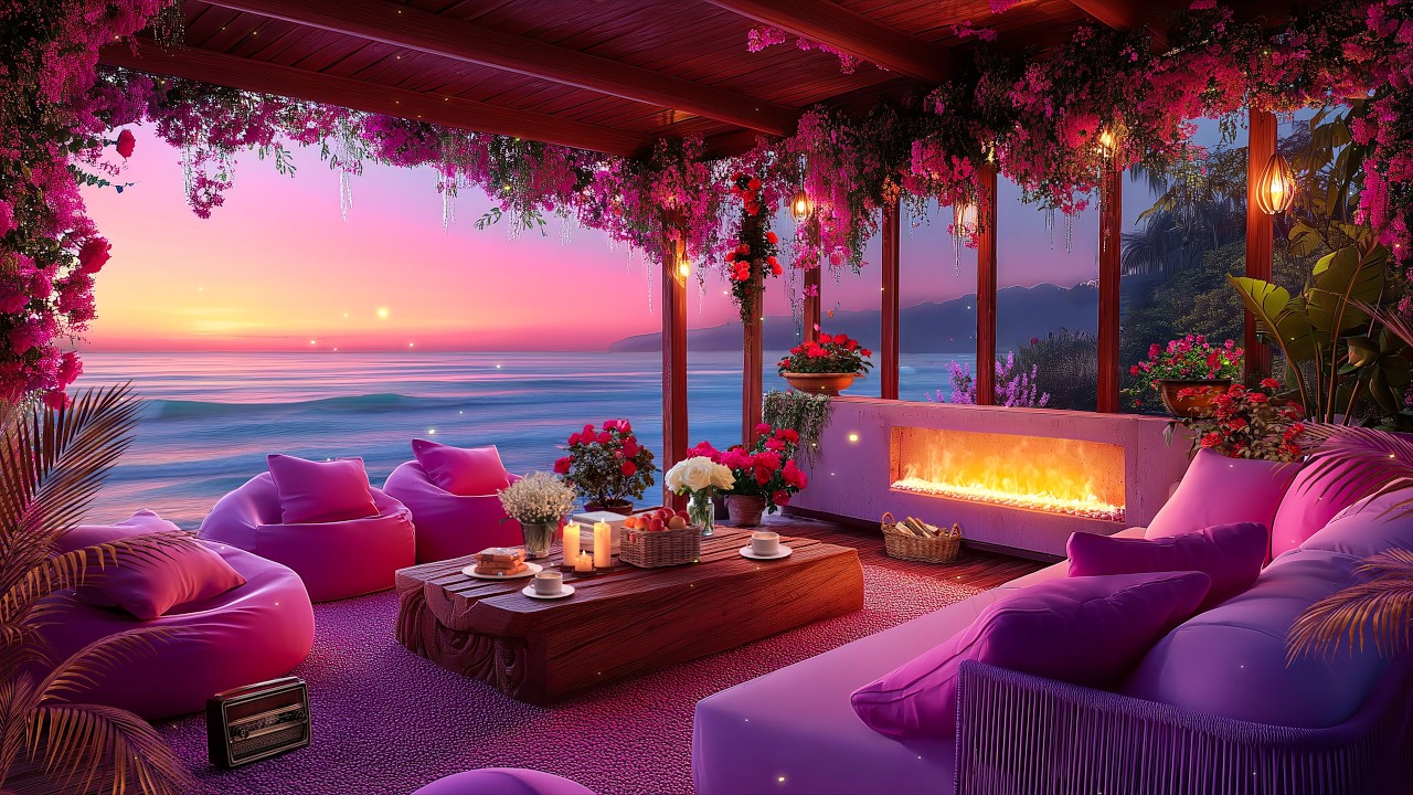 Romantic Sunset Ocean Jazz 🌅 Cozy Fireplace Beach Lounge Ambience