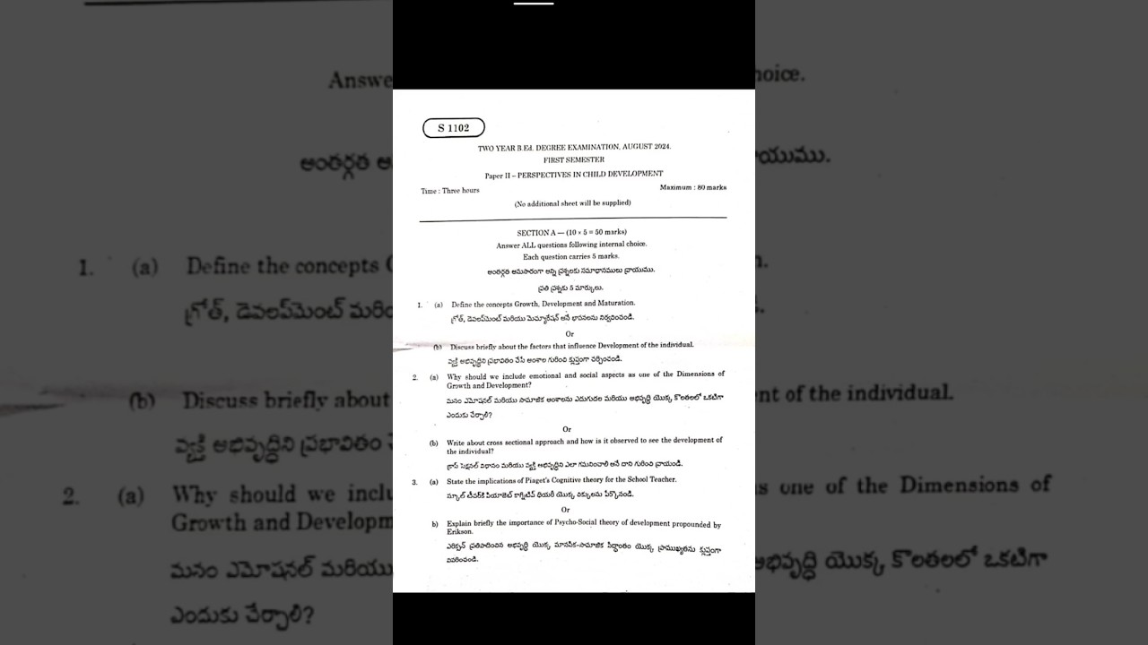 Andhra Bed 1st Semester exam Perspectives in child development question paper 2024