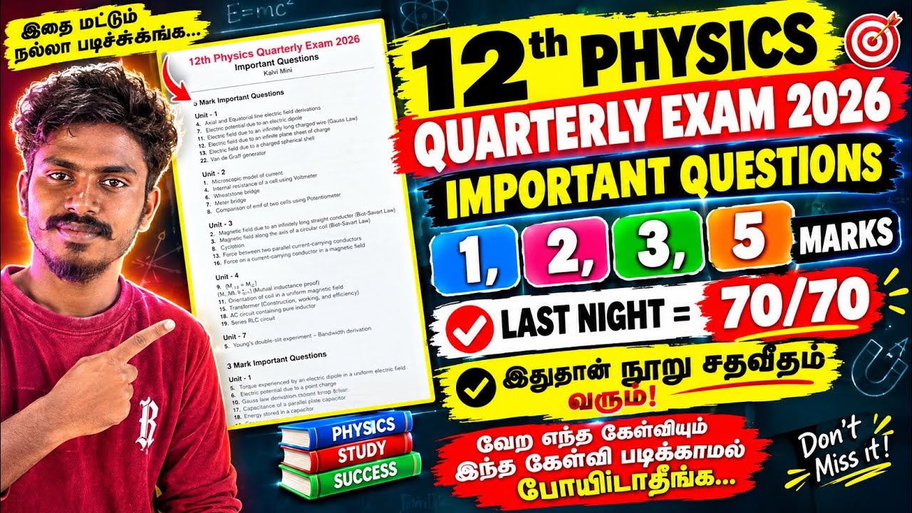 12th physics quarterly important questions 2026 | 12th physics last night = 70/70 Confirm Questions 