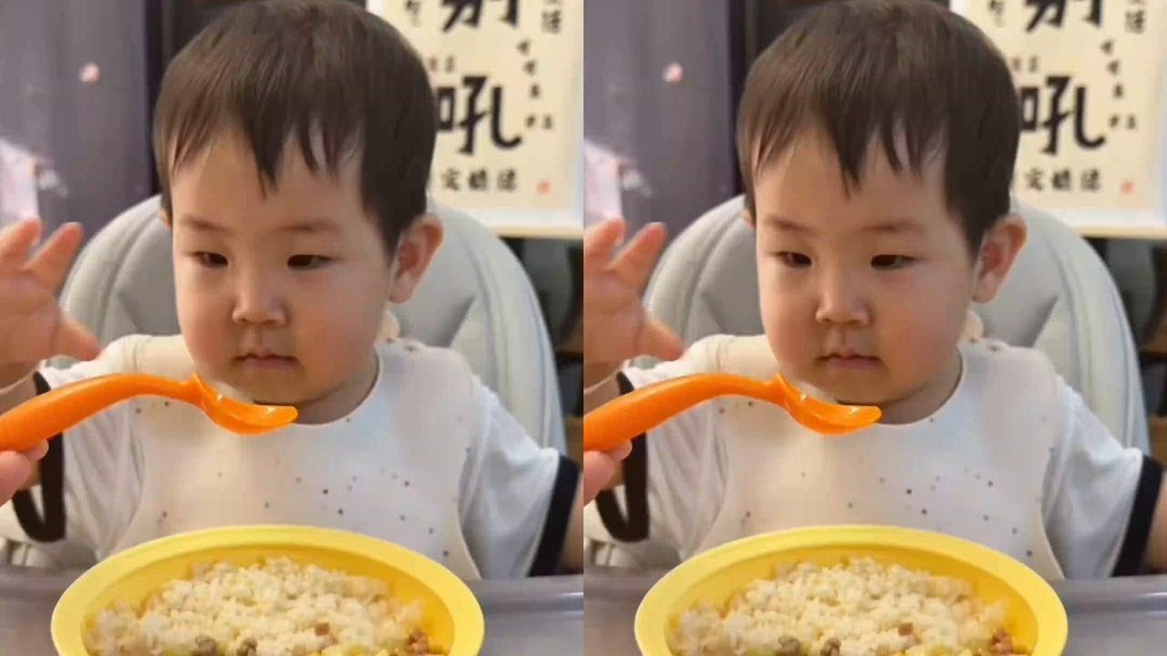 Baby eats rice, cutsest baby feeding themselves