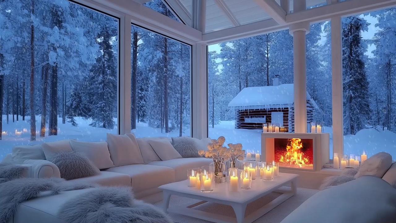🎼🎹 Winter Piano in White Lounge | Warm Fireplace Glow | Snowfall Deep Sleep & Study Focus