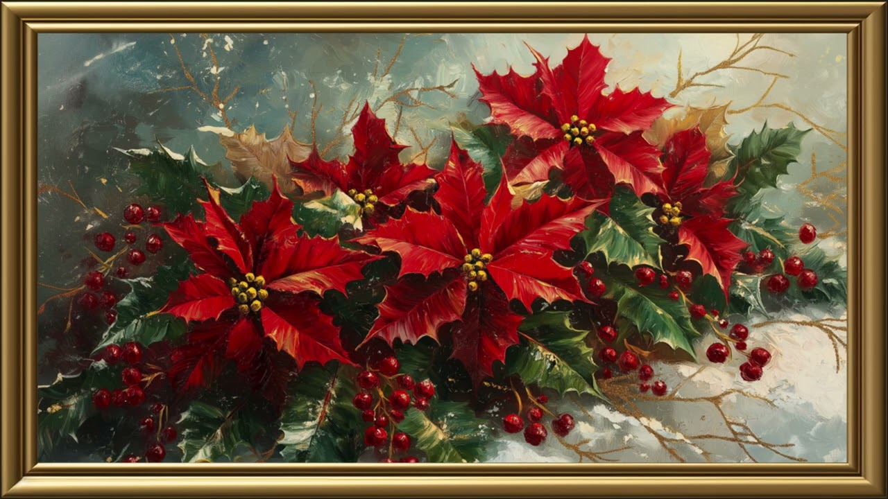 Vintage Poinssettias Christmas Arrangement Painting | Gold Frame TV Art | Art Screensaver for TV