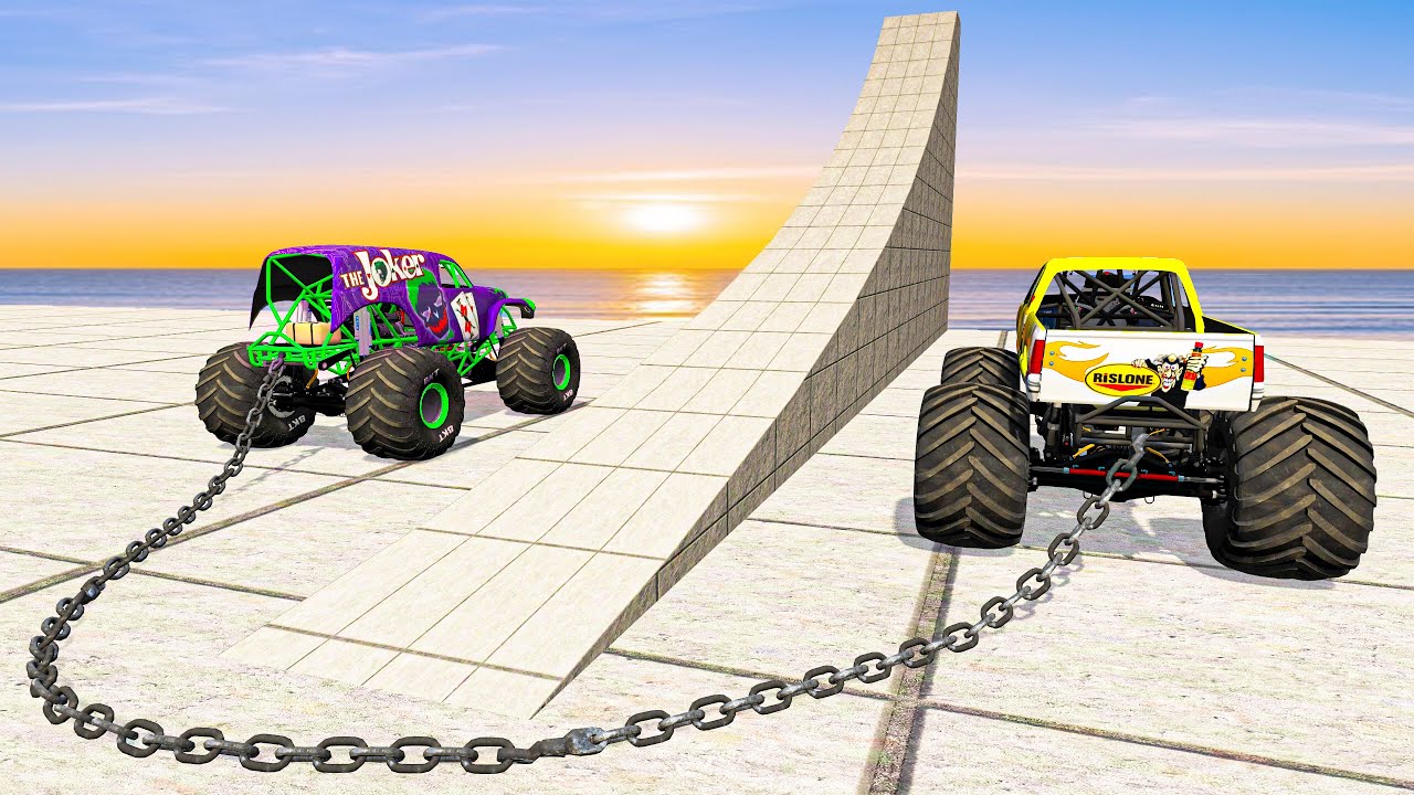 Monster Truck stunts, jumps, crashes, crushing cars, racing, fails - BeamNG Drive Game