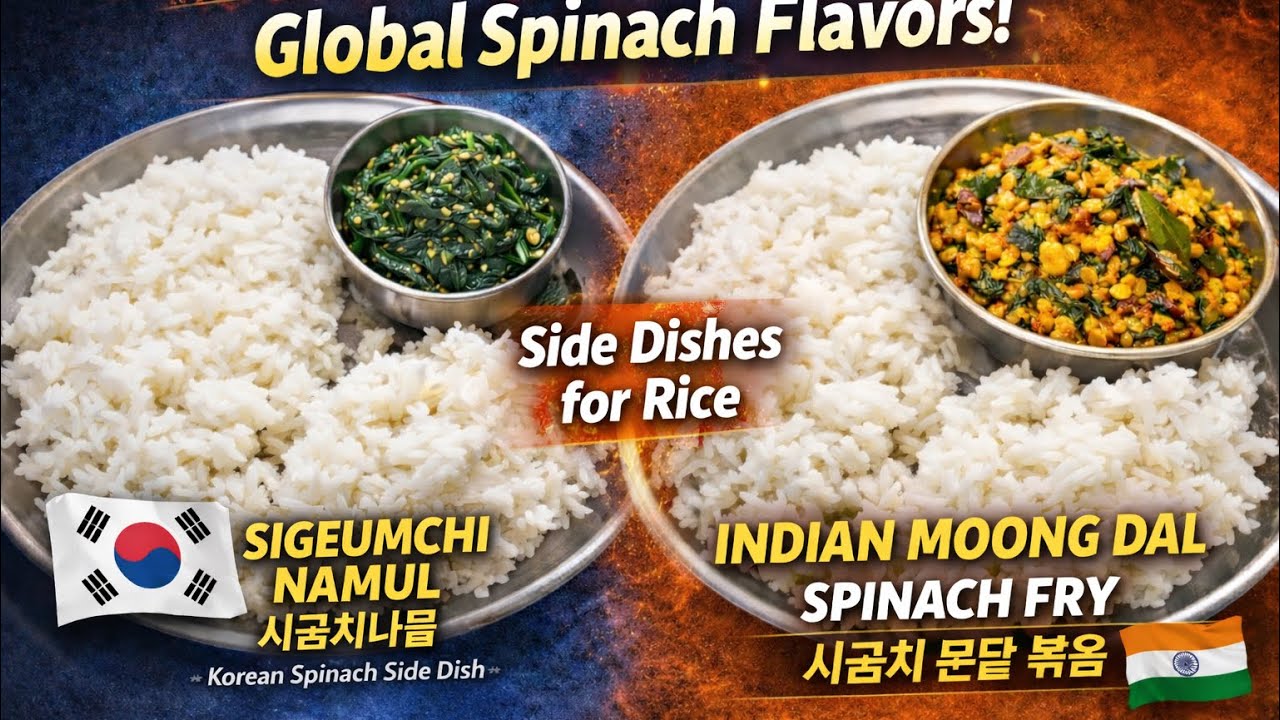 Global Spinach dishes:KoreanSeasoned Spinach 시금치나물 vs.Indian Moong Dal Spinach Fry 시금치 문달 볶음 Rice