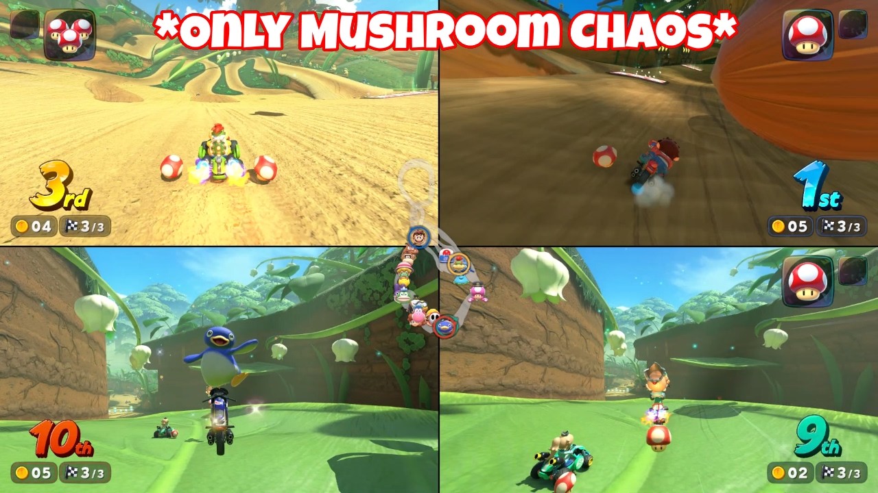 Mario Kart World 4-Player Split Screen Local Co-Op Switch 2 Gameplay! Only Mushroom Items Chaos!