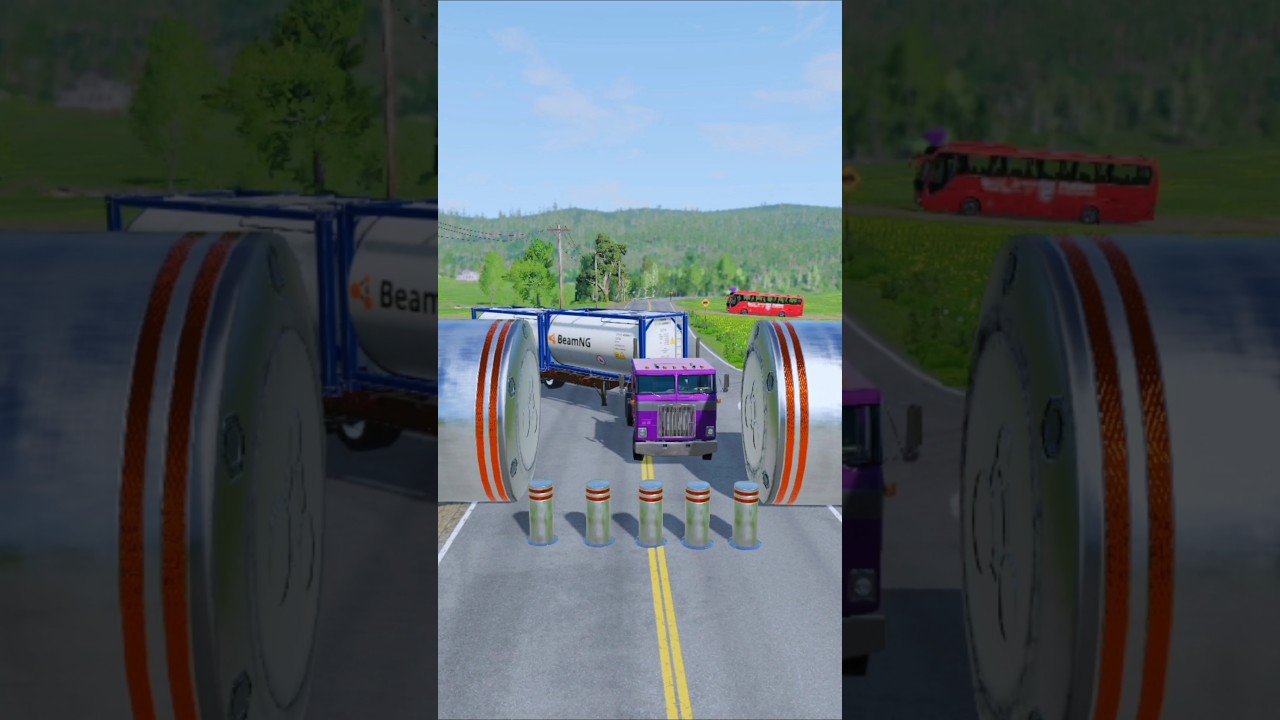 Kolorowe ciężar&oacute;wki z długimi ładunkami i autobus szkolny zderzają się ze słupkami &ndash; BeamNG.drive...
