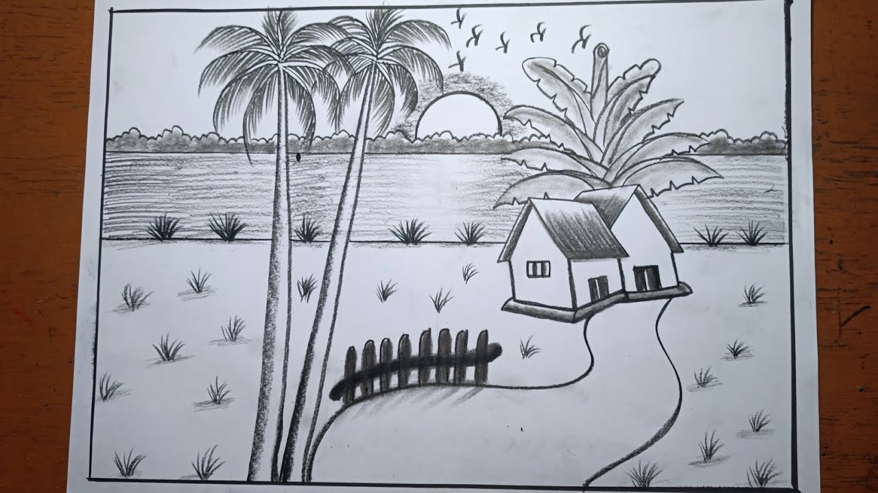 Village scenery drawing with pencil shading easy/Prakritik drishya drawing/Natural scenery drawing