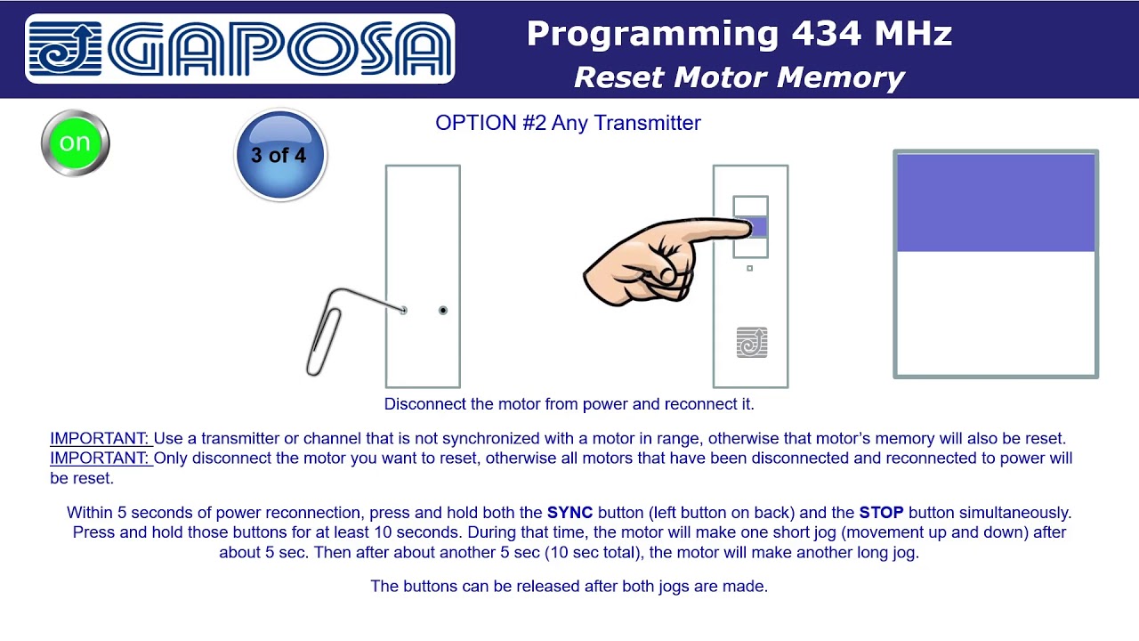 GAPOSA Radio 434Mhz - Reset Motor programming