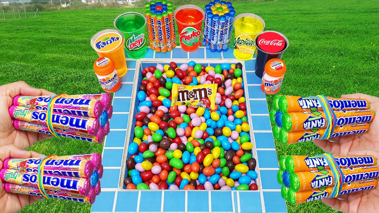 Pool Experiment Coca Cola of Fanta vs M&M Colorful Sugars Foam Football 7up Fruko Pepsi And Mentos