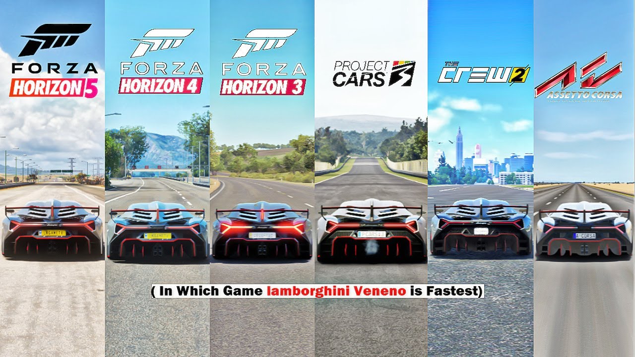 Lamborghini Veneno Comparison - FH5 Vs  FH4 Vs FH3 Vs FM7 Vs The Crew 2 Vs Project Cars 3 Vs AC