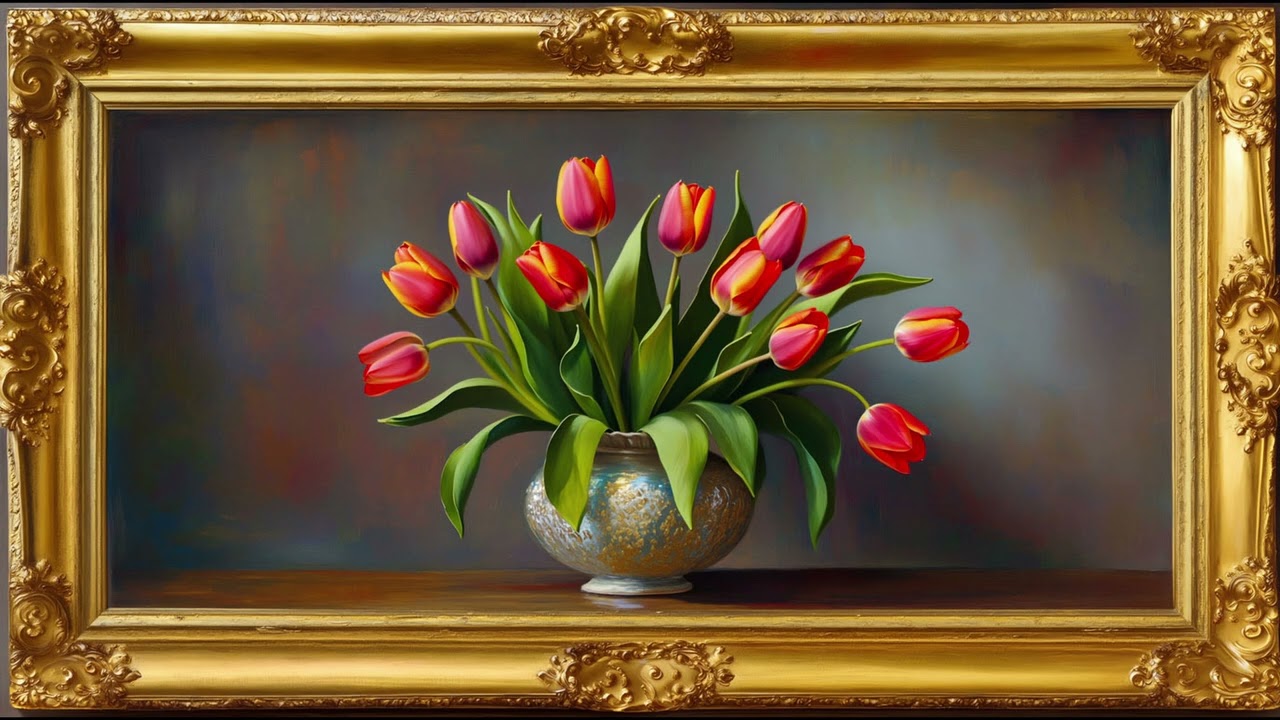 Vintage Painting of Red Tulips with a Gold Frame - Framed Vintage TV Art