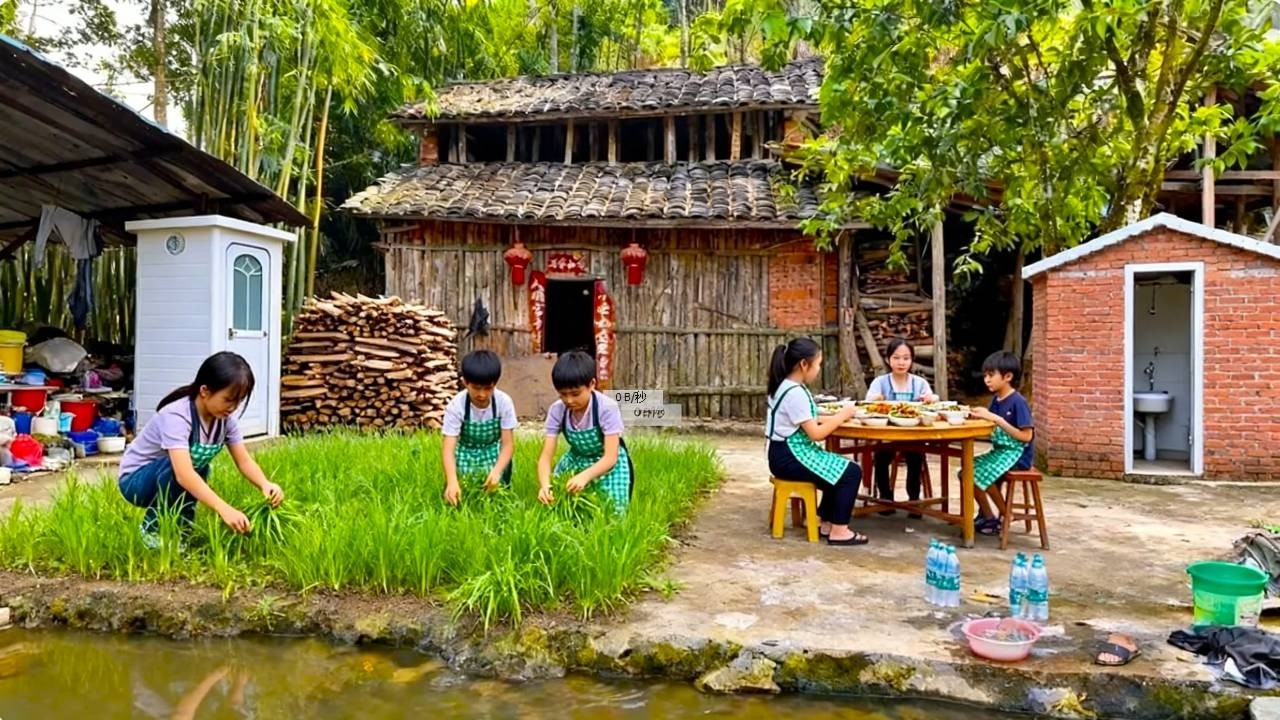 【一家七口隐居深山】准备养猪了，妈妈本来想把水管接好的，结果因为后院杂草太多，转头和孩子们在院子里收拾杂草！#农村生活#vlog#山居生活