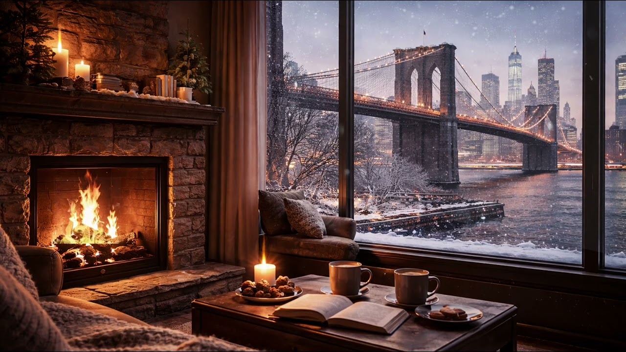 Peaceful Worship Background | Cozy Fireplace & Snowy New York 4K