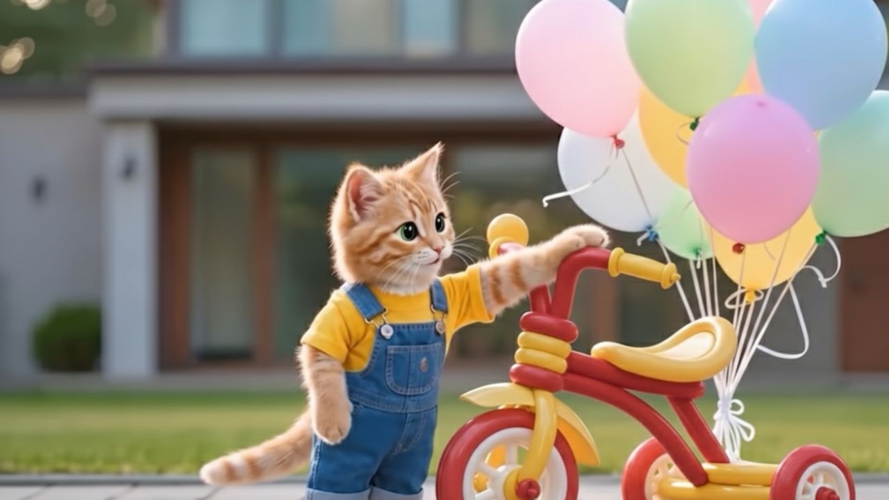Impressed Mother Cat Watches Ginger Kitten's Colorful Balloon Bicycle Creation 🌈🚲✨