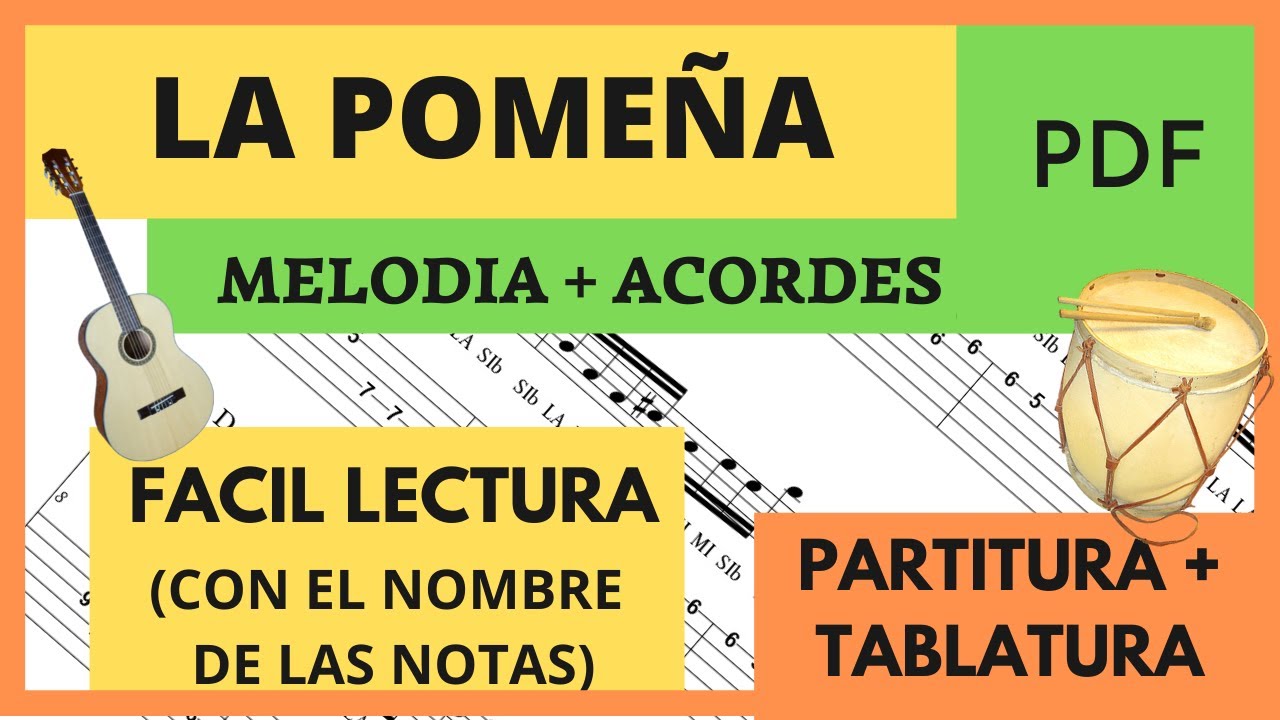 LA POMEÑA - MELODIA con BOMBO LEGÜERO (PARTITURA Y TABLATURA + ACORDES) + PDF