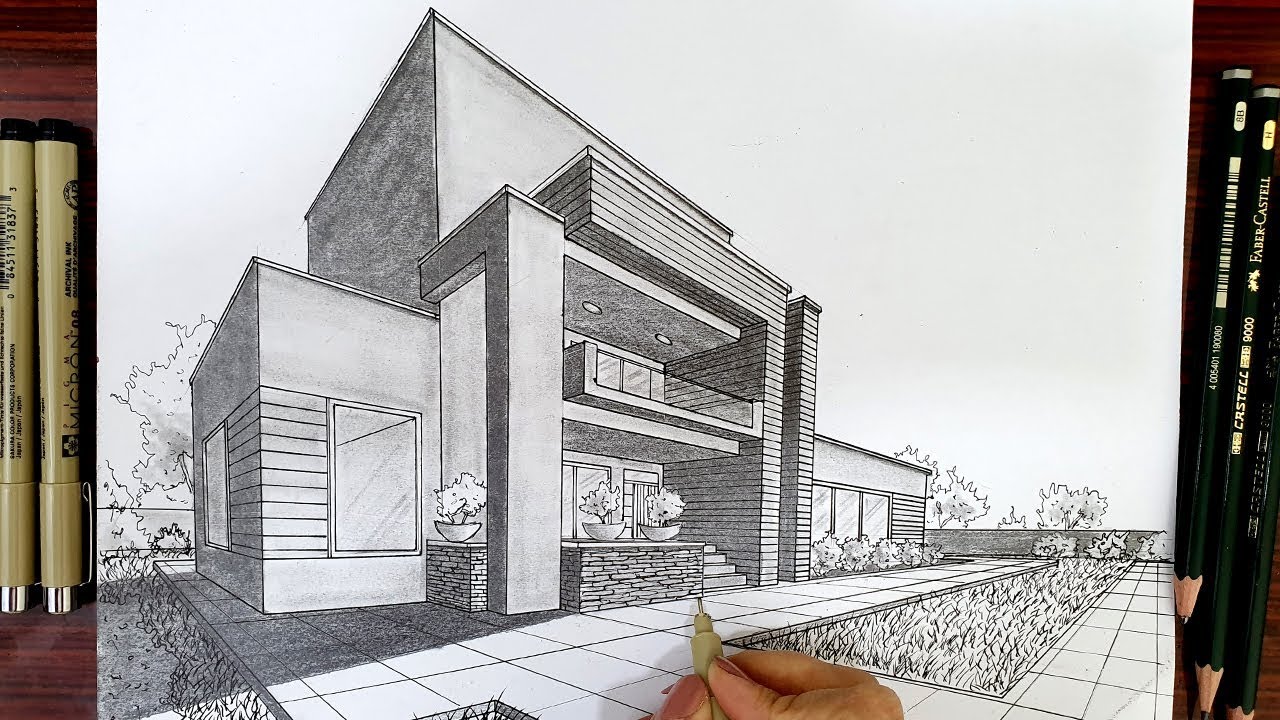 Drawing A Modern House in Two Point Perspective | Timelapse