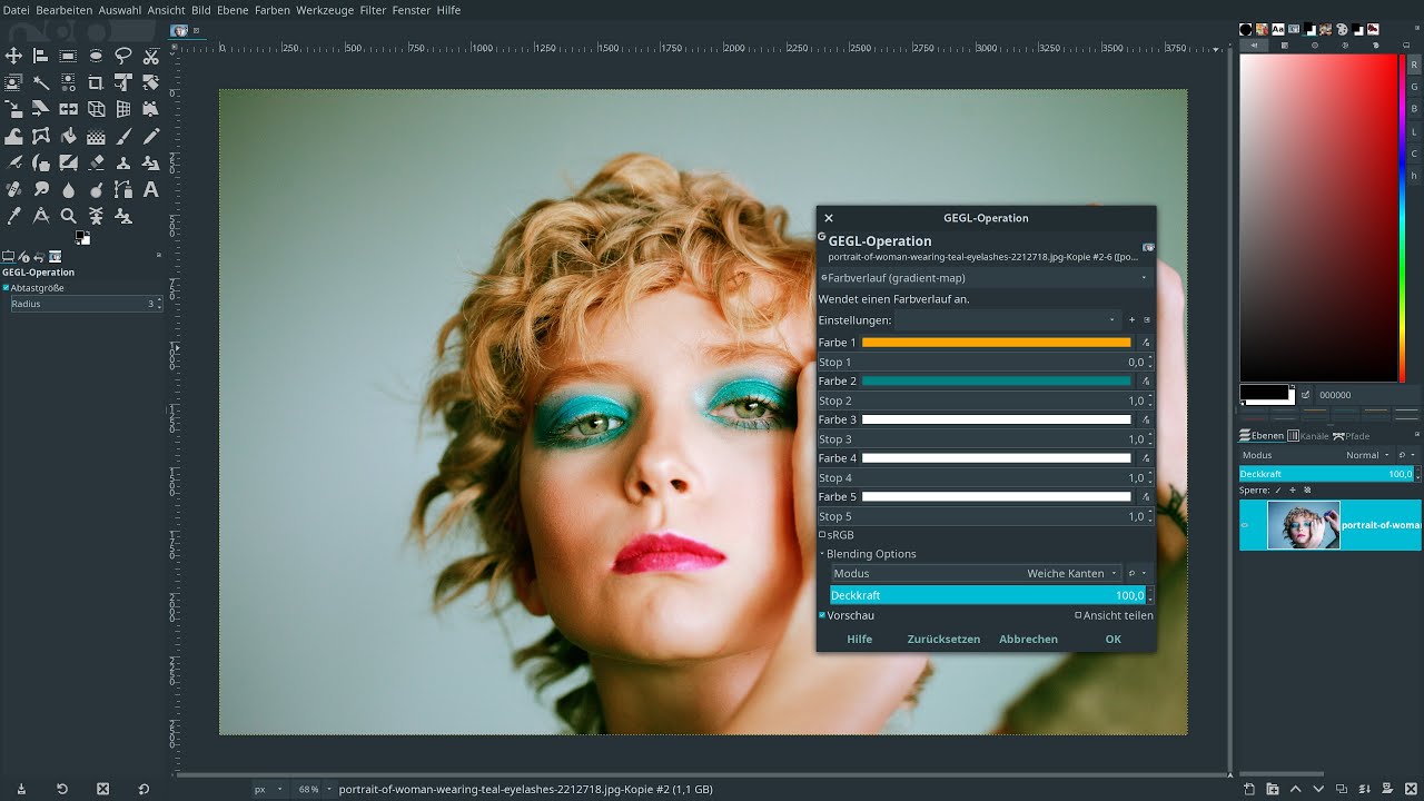 Gimp 2.10.20 Lernvideo: GEGL-Operationen – Farbverlauf (gradient-map)
