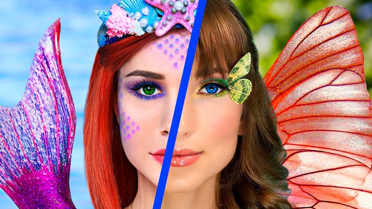 DESAFIO DE MAQUIAGEM! 8 DIY DE MAQUIAGEM DE SEREIA vs MAQUIAGEM DE BORBOLETA