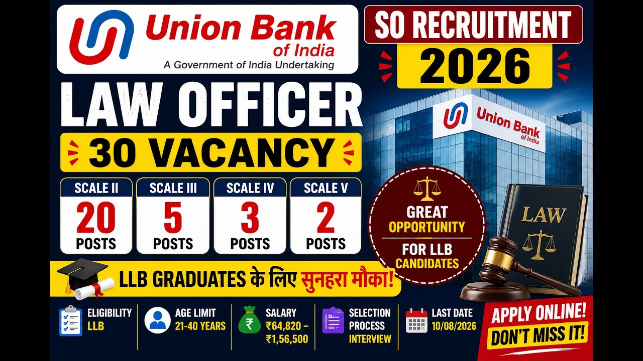 LLB वालों के लिए बड़ी भर्ती JULY 2026 ! Union Bank Law Officer Vacancy 2026 | 30 Posts   Law Officer