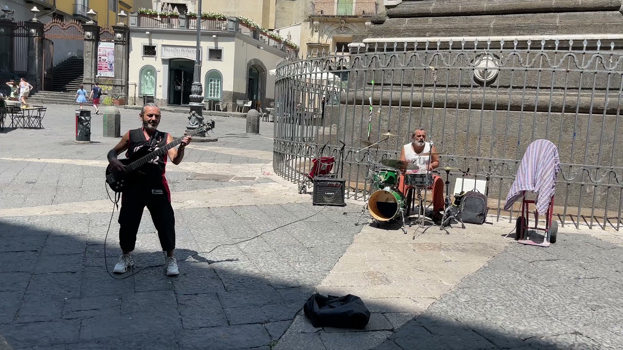 Piazza San Domenico Maggiore.  Base Street Musicians Playing it up!  WONDERFUL - Naples Italy - ECTV