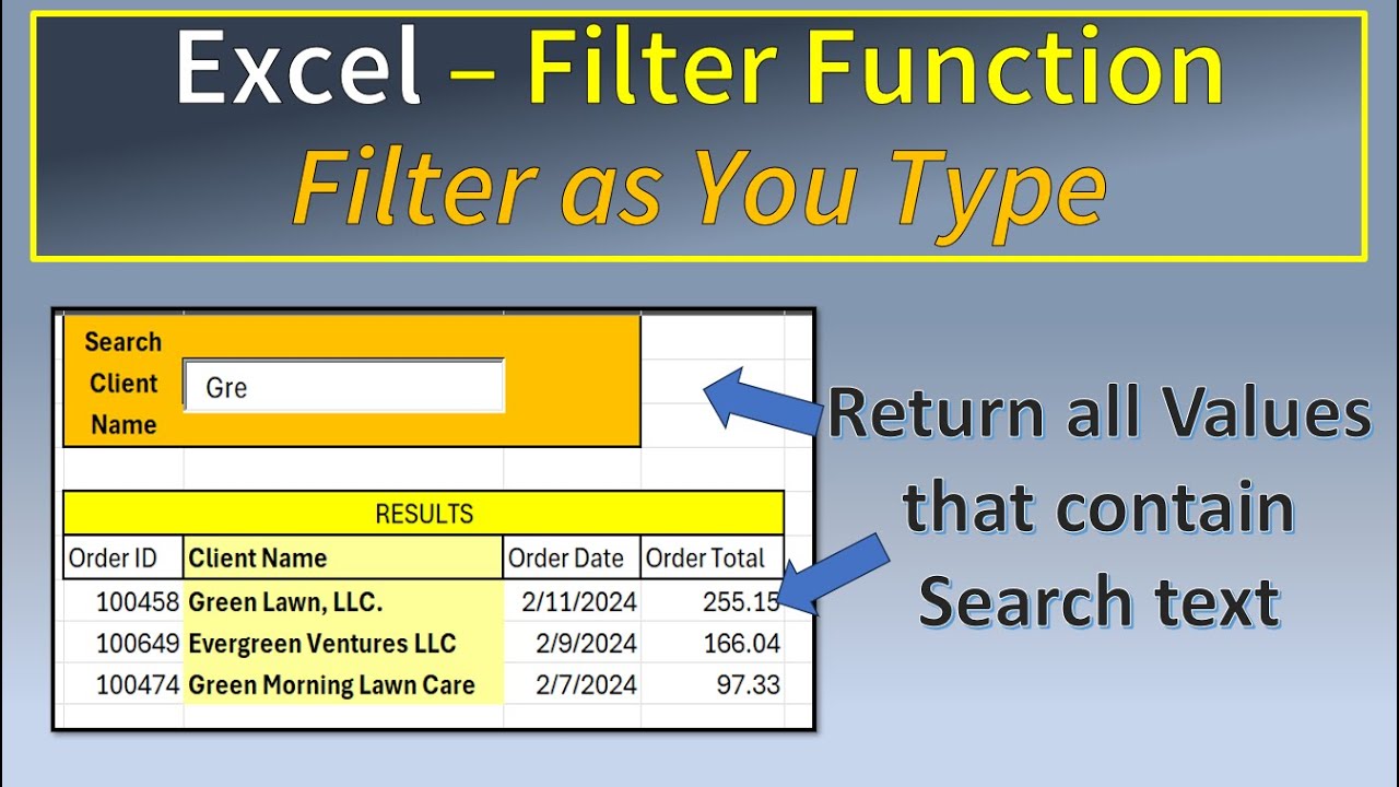 Excel Filter Function  - Filter as You Type