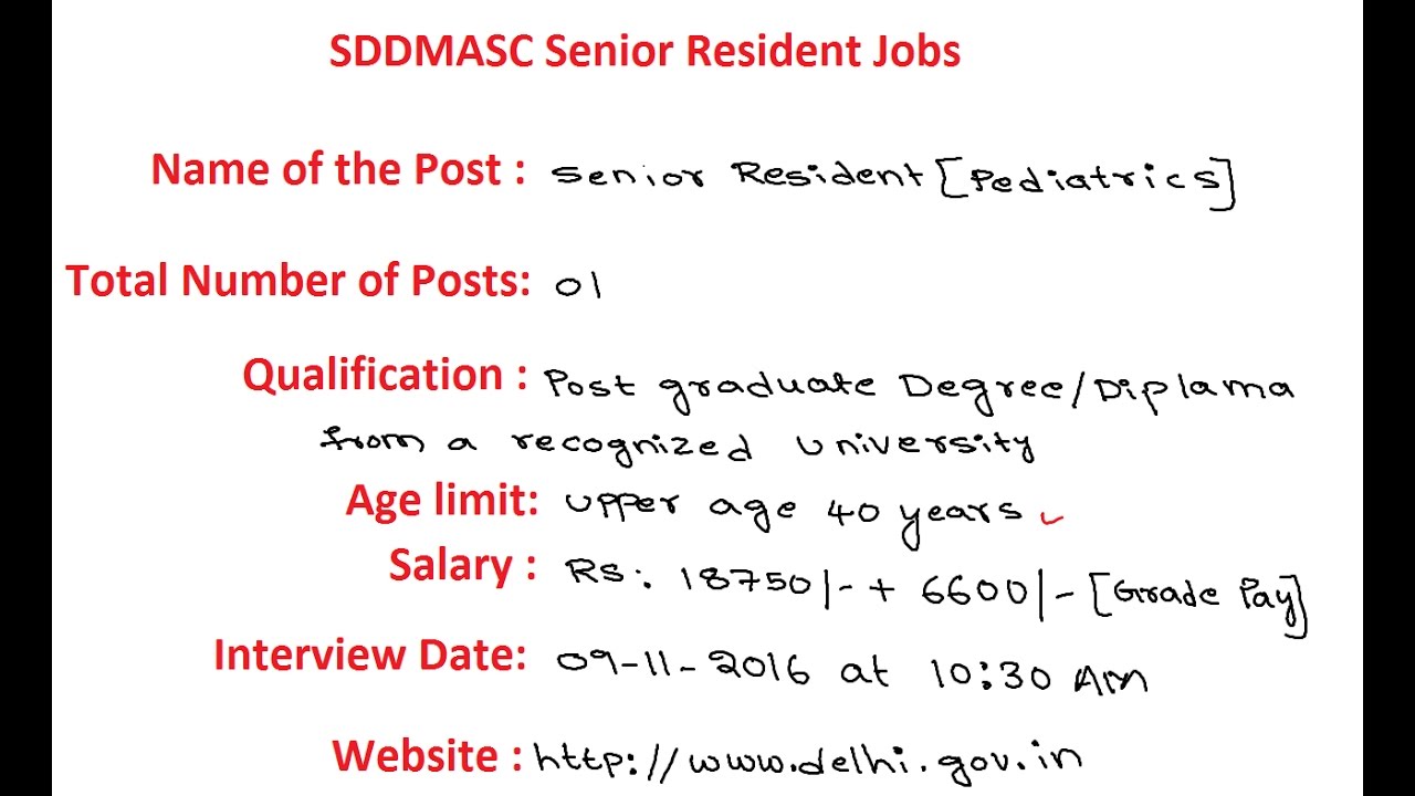 SDDMASC Senior Resident Jobs 2016 Walk in date 09-11-2016