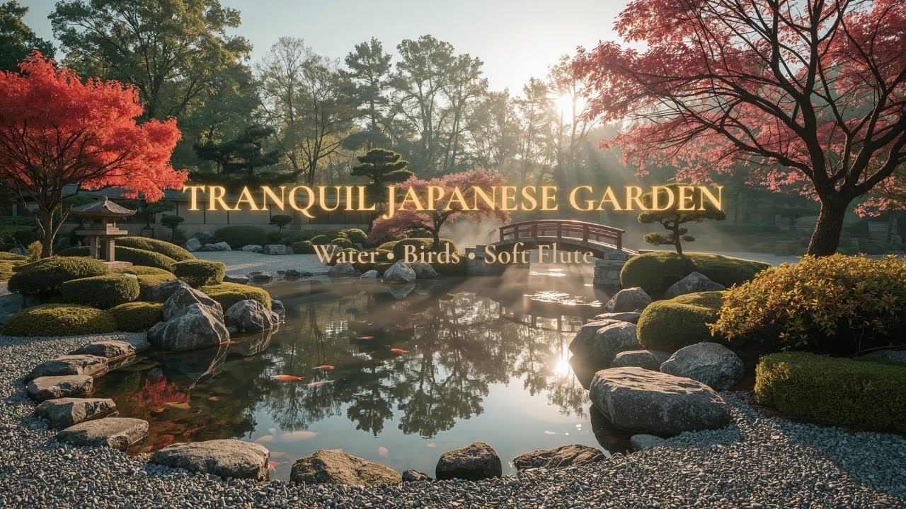 Tranquil Japanese Garden Ambience (3.5 Hours) | Relaxing Water & Birdsong | Soft Flute