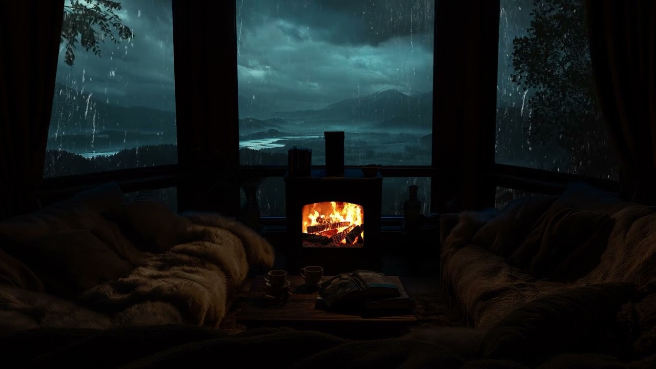 Cozy Rainy Forest Room | Heavy Rainstorm, Fireplace Sounds for Deep Sleep & Calm Mind 🌧️🔥