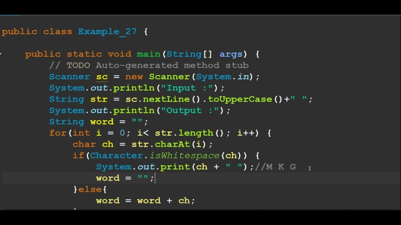 Write a program in Java to accept a name(Containing three words) and Display only the initials