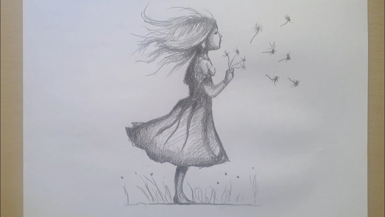 Cómo dibujar una niña con dientes de león - dibujo paso a paso