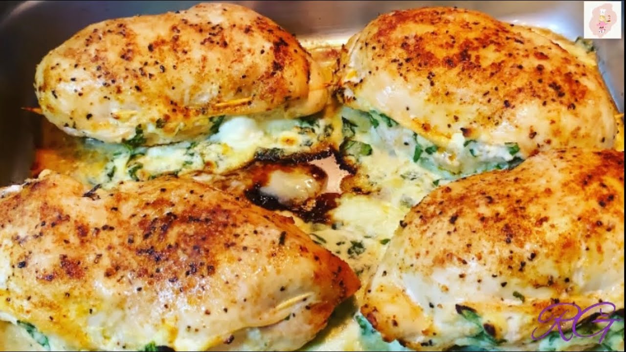 Pechugas de pollo rellenas de espinacas y  queso,  exquisitas 😋