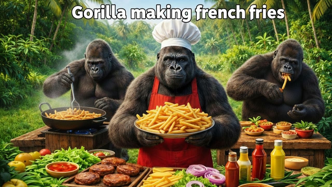 Gorilla Kito Makes French Fries in a Forest Kitchen Family Documentary|Gorilla cooking Video